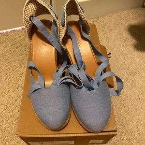 Chambray ankle wrap canvas espadrille wedges
